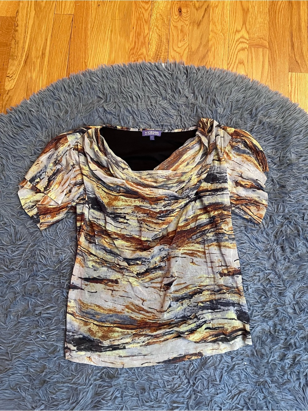 Vivienne Tam Short Sleeve Draped Cowl Neck Mesh Top Size M